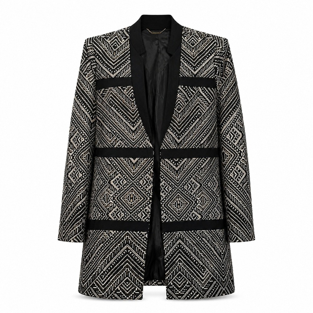 Black Label Chicos Blazer 2P Petite Black Gold Metallic Jacquard L Metallic Gold